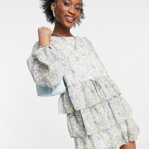 Elegant Floral Long Sleeve Dress with Tie Around Waist